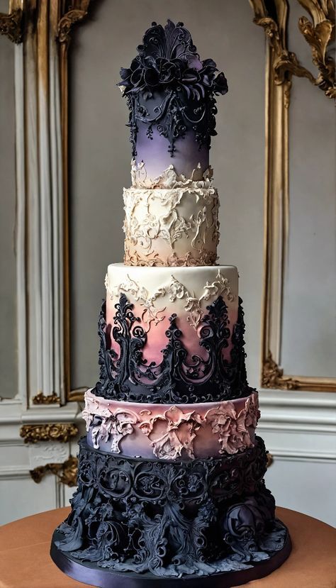 Wedding Cake For Guests, Elegant Goth Wedding Cake, Goth Wedding Cake Victorian Gothic, Goth Wedding Cake Toppers, Gothic Dessert Table, Goth Wedding Cakes, Gothic Baking, Pastel Goth Wedding, Victorian Goth Wedding