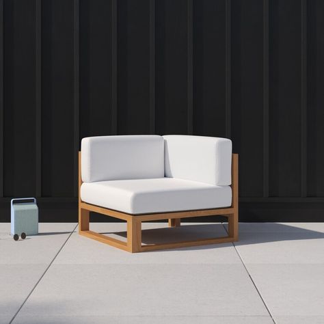 AllModern Cambridge Teak Wood Corner Patio Chair with Cushions | Wayfair Corner Patio, Modern Outdoor Lounge Chair, Profile Silhouette, Woven Furniture, Teak Chairs, Minimalist Silhouette, Patio Sectional, Sunbrella Cushions, Corner Chair