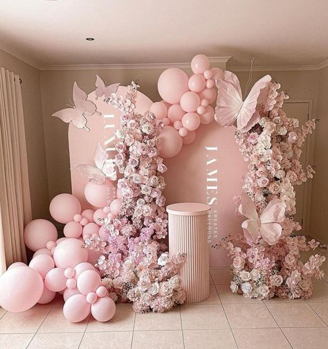 Pink Colour Birthday Decoration, Butterfly Backdrop Ideas, Christening Theme, Fairy Theme Birthday Party, Butterfly Baby Shower Decorations, Butterfly Baby Shower Theme, Christening Decorations, Fairy Garden Birthday Party, Sweet Sixteen Birthday Party Ideas