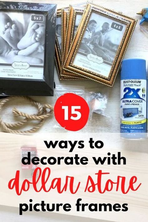 Decorate on a budget with these easy and cheap dollar store picture frame makeovers. Quick and cheap home decor ideas for your living room, kitchen, bedroom and bathroom. How to decorate on a dime with dollar tree picture frames. Decorate With Frames, Decorating Frames Ideas, Dollar Store Frames Makeover, Diy Picture Frame Collage Ideas, Dollar Tree Frames Wall Art, Dollar Tree Picture Frame Centerpieces, Fall Picture Frame Crafts, Decorating A Picture Frame, Dollar Tree Diy Picture Frames