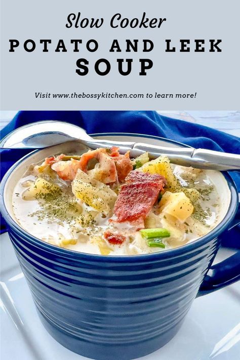 Potto and Leek Soup made in Crockpot and served in a blue mug. Slow Cooker Potato Leek Soup, Slow Cooker Potato, Potato And Leek Soup, Soup Slow Cooker, Slow Cooker Potatoes, Arugula Salad Recipes, Creamed Leeks, Potato Leek, Potato Leek Soup