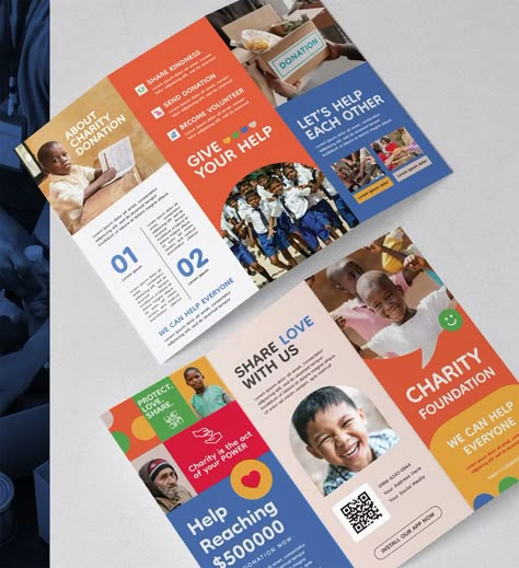 Charity Program Tri-Fold Brochure Template AI, EPS Charity Brochure Design, Cute Brochure Design, Nonprofit Brochure, 3 Fold Brochure Design, Charity Brochure, Flyer Layout Design, Charity Program, Brochure Graphic Design, Tri Fold Brochure Design