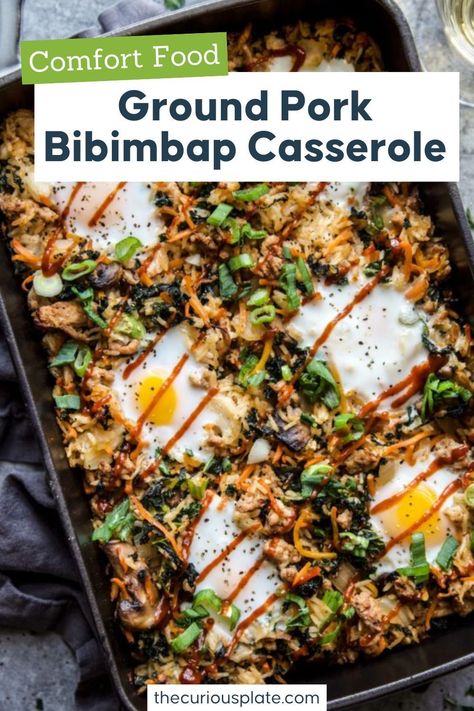 This Ground Pork Bibimbap Casserole brings bold flavors to your dinner table. This versatile dinner is perfect for a quick weeknight meal, combining classic Bibimbap elements with ground pork in a hearty casserole. Pop over to my site for the recipe! Ground Pork And Shrimp Recipes, Ground Pork Instant Pot Recipes, Recipe With Ground Pork, Ground Pork And Beef Recipes, Asian Casserole Recipes, Ground Pork Recipes For Dinner Healthy, Asian Ground Pork Recipes, Ground Pork Dinner Ideas, Ground Beef And Pork Recipes