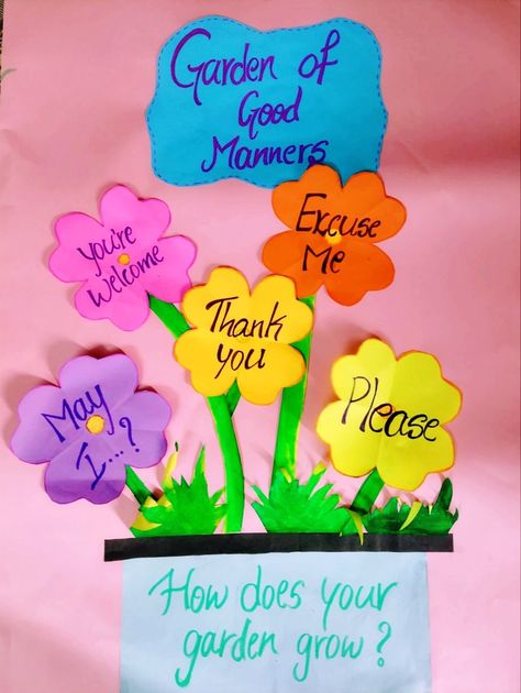 Garden Of Good Manners Craft, Ecd Classroom Decorations, Courtesy Words Display Ideas, Moral Values Chart In Classroom, Garden Of Good Manners, Good Manners Chart, Creative Charts For Classroom Ideas, Color Activities Preschool, Nursery Class Decoration