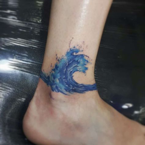 watercolor ocean tattoo on ankle Water Ankle Tattoo, Realistic Water Tattoo, Water Hand Tattoo, Realistic Wave Tattoo, Complementary Tattoos, Ocean Waves Tattoo, Water Tattoos, Ocean Theme Tattoos, Ocean Wave Tattoo