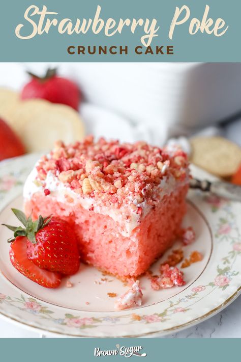 This Strawberry Crunch Poke Cake is giving me major dessert cravings! :heart_eyes: I can't wait to try making this for my next family get-together. The crushed vanilla cookie crumble sounds like the perfect finishing touch! :strawberry::cake::ok_hand: #yum #strawberrylove Strawberry Crunch Poke Cake, Strawberry Crunch Cake, Strawberry Poke Cakes, Dessert Cravings, Cookie Crumble, Strawberry Crunch, Almond Crunch, Cookie Toppings, Strawberry Cake Mix