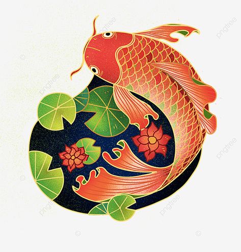 Carp Illustration, Pond With Fish, Koi Fish Illustration, Red Carp, Illustration Elements, Leaf Png, Koi Watercolor, Lotus Pond, Fish Illustration