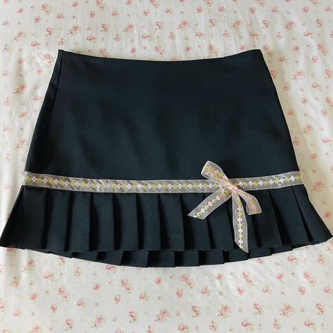 vintage coquette black low waisted pleated mini... - Depop Coquette Pleated Skirt, Coquette Black, Embroidered Ribbon, Vintage Coquette, Downtown Girl, Black Mini Skirt, Clothes Ideas, Low Waisted, Pleated Mini Skirt