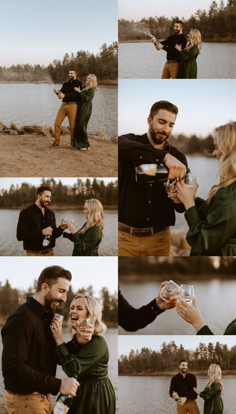 Emerald Green Couple Photoshoot, Fall Engagement Pictures Black Outfit, Engagement Dress For Pictures, Engagement Photos Outfits January, Engagement Session Champagne, Must Have Engagement Poses, Emerald Dress Engagement Pictures, Gold Dress Engagement Pictures, Engagement Photos In Dress