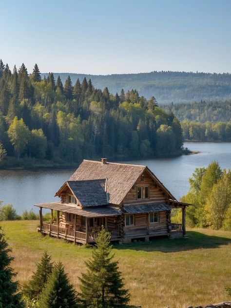 Cabin In A Field, Lakefront Cabin, Small Lake Houses, Log Cabin Rustic, Dream Farmhouse, Cabin Inspiration, Lakeside Living, Country Cottage Style, Tiny Cabin