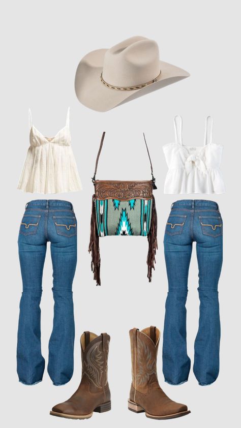 Cute Casual Cowgirl Outfits, Country Belts For Women Outfit, Western Sweet 16 Outfits, Nice Western Outfits Women, Western Cute Outfits, Fitted Jeans For Summer Rodeo, Jeans And Tank Top Outfit Country, Flare Jeans Country, Country Concert Outfits Summer