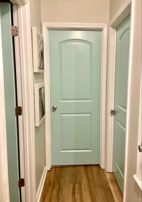 House Doors Colors Interior, Turquoise Doors Interior, Blue Internal Doors, Blue Interior Doors White Trim, Teal Doors Interior, Light Blue Interior Doors, Teal Interior Doors, Blue Doors Interior, Interior Painted Doors