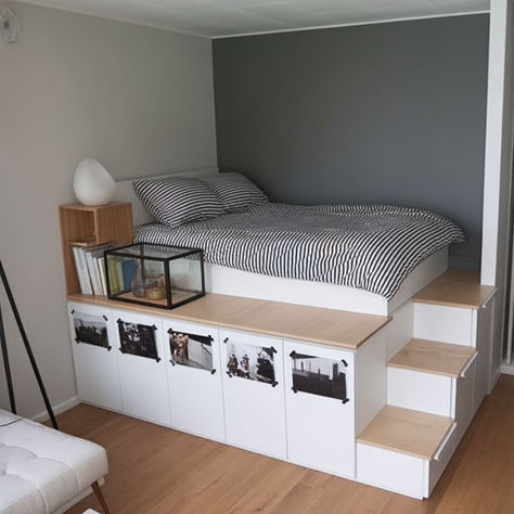 14 Awesome Storage Hacks Using IKEA Cabinets Kallax Bedroom Storage, Ikea Raised Bed Hack, Ikea Besta Bed Hack, Ikea Kallax Toy Storage, Ikea Storage Bed Hack, Bed Frame Hack, Ikea Bedroom Design, Ikea Bed Hack, Ikea Toys