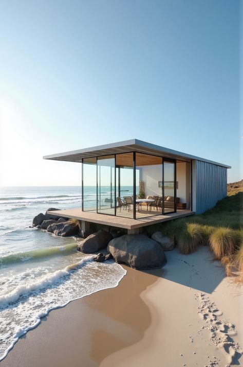 Indulge in the serene coastal escape of this modern minimalist beach house. Featuring unobstructed ocean views, a spacious deck, and a sleek metal roof, this beachfront property offers a tranquil oasis of coastal living. #BeachHouse #CoastalLiving #ModernHome Minimalist Beach House, Florida House Plans, Coastal Architecture, Dream Photos, Prefab Houses, Sound Of Waves, Wooden Deck, Single Story Homes, Coastal California