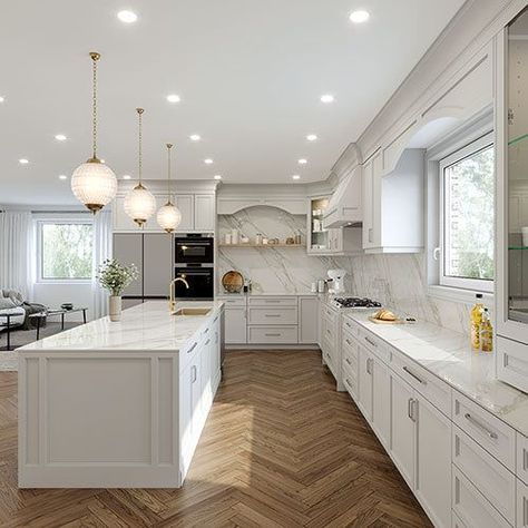 Very Big Kitchen, White Cabinet Champagne Hardware, White And Gold Cabinets Kitchen, White Kitchen Cabinets With Gold Hardware, Neutral Kitchen Remodel, Marble Island Countertop, Light Countertops White Cabinets, Calcutta Gold Kitchen, White Marble Backsplash Kitchen