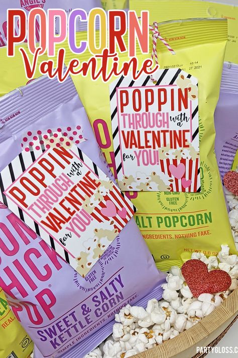 Use the pre-punched holes or washi tape and you're done! Popcorn Valentine Ideas, Grad Party Banner, Popcorn Valentine, Glamping Birthday, Secret Valentine, Class Valentines, Valentine Gifts For Kids, Valentine Tags, Construction Birthday