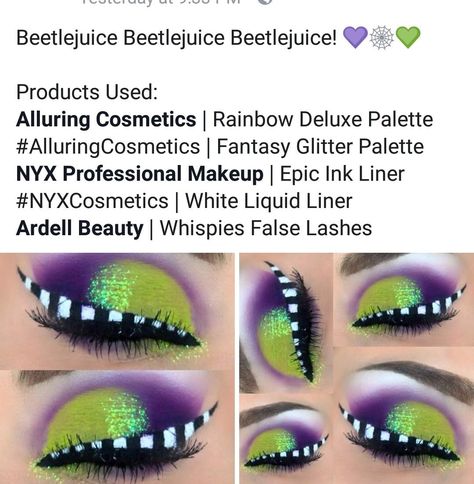 Beetle Juice Eyeshadow, Beetlejuice Makeup Eyeshadow, Beatle Juice Make Up Simple, Kids Beetlejuice Makeup, Beetlejuice Themed Makeup, Beetlejuice Glam Makeup, Beatle Juice Make Up, Beetlejuice Eyeliner, Glam Beetlejuice Makeup