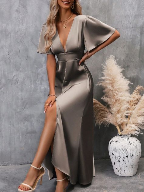 Canary Houze · Products · Fluttering Elegance: Plunging Neck Butterfly Sleeve Satin Dress · Shopify Long Sleeve Satin Dress, Preppy Prom, Colorful Dresses Formal, Business Formal Dress, Boho Bridesmaid, Plunging Neck, Formal Dresses Gowns, Butterfly Sleeve, Button Front Dress