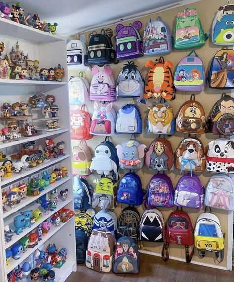 Loungefly Bag Display, Disney Loungefly Backpack Display, Disney Loungefly Backpack, Disneyland Backpack, Backpack Wall, Loungefly Collection, Disney Princess Jewelry, Disneyland Aesthetic, Disney Bags Backpacks