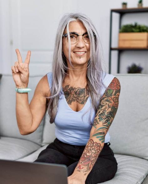 Elderly People With Tattoos, American Traditional Tattoos Aged, Tattoo Ideas Female Over 40, Women With Chest Tattoos, Gray Hair And Tattoos, Tatted Mom Style, Dress Tattoo Ideas, Corporate Women With Tattoos, Woman With Sleeve Tattoo