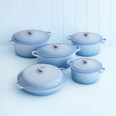 Loving our Le Creuset at the general store! Pastel Kitchenware, Le Creuset Set, Le Crueset, Coastal Blues, Cast Iron Casserole, Light Blue Kitchens, Le Creuset Cookware, Donna Hay, Cute Kitchen