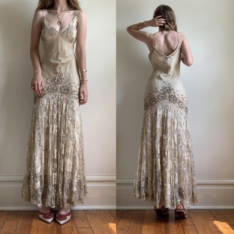 ♡hand-beaded silk dress♡   insane designer 100% silk... - Depop Dropped Waist Prom Dress, Beaded Maxi Dress, Dress Alterations, 1920s Dress, Silk Gown, Selling Clothes, Drop Waist, Hand Beading, Gorgeous Dresses