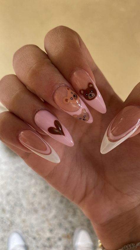 Bear Almond Nails, Teddy Bear Almond Nails, Medium Almond Nails Designs, Almond Nails Medium Length, Almond Nails Designs, Almond Nail, Pretty Acrylic Nails, Nails Inspo, Almond Nails