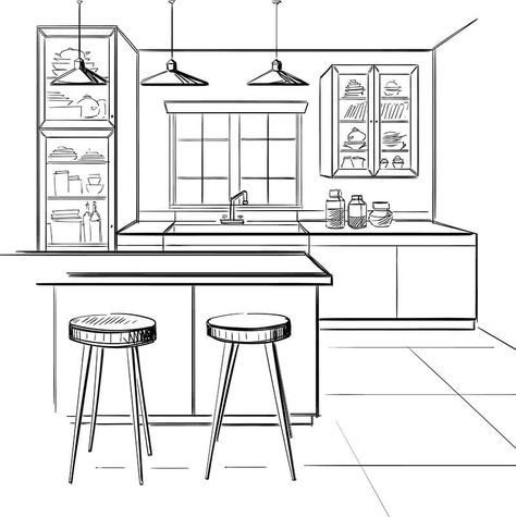 Bar stools in kitchen, sketch Bar Stool Height, Interior Design Sketchbook, Furniture Design Sketches, Kitchen Drawing, Kitchen Layout Plans, Kursi Bar, Interior Architecture Drawing, Interior Design Drawings, Interior Design Presentation