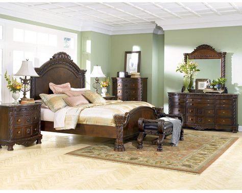 | ASHLEY NORTH SHORE 6 Piece Bedroom SET ON SALE ONLY $2996..THIS IS MY GUEST BEDROOM SET. THE DRESSER AND END TABLES HAVE GREEN AND BEIGE MARBLE TOPS. SET IS LARGE AND MUCH PRETTIER IN PERSON. THIS AND LIVINGROOM SET R PERFECT FOR NEW HOUSE. DININGROOM SET IS IN THE SAME COLLECTION.TABLE IS ROUND ORNATE DARK WOOD.CHAIRS R SAME W/FABRIC SEATS THAT MATCH THE PRINT FABRIC IN LIVINGROOM. FURNITURE STYLE IS TUSCAN/FRENCH .....CHERIE North Shore Bedroom Set, Ashley Bedroom Furniture Sets, Ashley Furniture Bedroom, Ashley Bedroom, Sleigh Bedroom Set, Panel Bedroom, Platform Bedroom Sets, Прикроватные Тумбочки, Queen Panel Beds