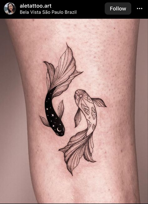 Night and day Pez Koi Tattoo, Pisces Tattoo Designs, Koi Tattoo Design, Pisces Tattoos, Koi Tattoo, Simple Tattoo Designs, Vine Tattoos, Koi Fish Tattoo, Fish Tattoo