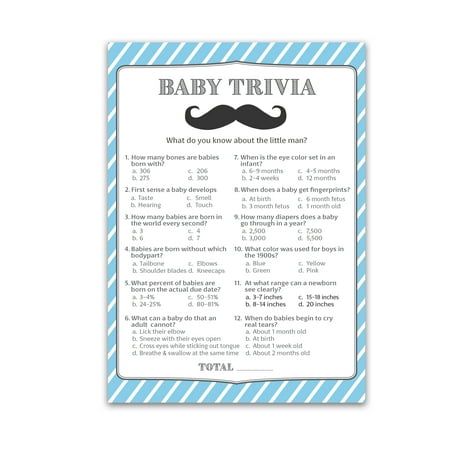 A fun game that your Baby Shower guests will enjoy as they might learn new facts about babies they may not know of! Perfect for Baby Showers, Gender Reveal parties, and Sip n See. Mustache highlighted on a blue and white striped background teamed with a cute decorative font. Ideal for a little man themed event! Size: 5 x 7.  Color: Black. Elephant Baby Shower Theme Boy, Couples Baby Shower Games, Baby Trivia, Baby Shower Games Coed, Modern Baby Shower Games, Baby Shower Games Unique, Elephant Baby Shower Boy, Funny Baby Shower Games, Mustache Baby Shower