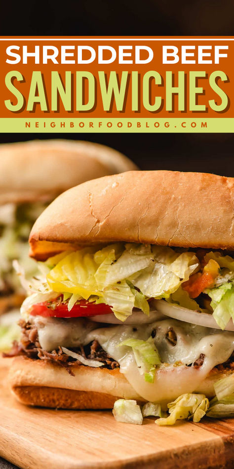 These Shredded Beef Sandwiches rival your favorite sub shop and are so easy to make! With tender beef, gobs of melty cheese, fresh veggies, and your choice of two delicious sauces, this sandwich is worth raving about. Shaved Steak Recipes Sandwiches, Beef Subs, Shaved Steak Recipe, Shredded Beef Sandwiches, Shaved Beef, Delicious Sauces, Healthy Sandwich Recipes, Beef Sandwiches, Slow Cooker Recipes Beef