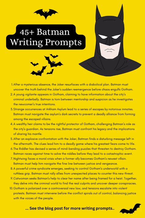 45+ Batman Writing Prompts 🦇 | Imagine Forest Superhero Story Ideas, Forest Writing Prompts, Superhero Writing, Blog Prompts, Dinosaur Books For Kids, Dystopian Writing Prompts, Warrior Cat Names, Fairy Tale Writing, Writing Prompts Poetry