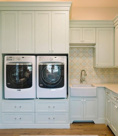 Built In Washer and Dryer Pedestal Platform, Cottage, Laundry Room, Benjamin Moore Hollingsworth Green House Laundry Room, Home Paint Color, Pretty Tiles, Laundry Room/mud Room, Dream Laundry Room, White Laundry, House Of Turquoise, Laundry Room Remodel, Laundry Room Inspiration