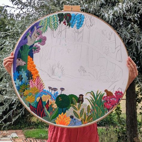 Giant Jungle Update! Come A Long Way Since Last Post Big Embroidery Wall Art, Embroidered Wall Art Large, Large Scale Embroidery Art, Huge Embroidery Art, Embroidery Large Area, Giant Embroidery Hoop Wall Art, Big Embroidery Projects, Large Embroidery Designs, Large Embroidery Patterns