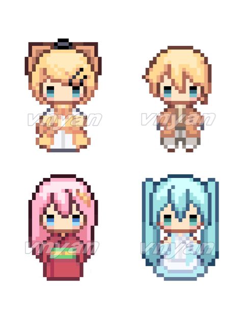 Perler Bead Vocaloid, Vocaloid Pixel Art Grid, Vocaloid Perler Beads, Project Sekai Pixel Art, Vocaloid Pixel Art, Evilious Chronicles, Evillious Chronicles, Paper Doll Printable Templates, Kagamine Rin And Len