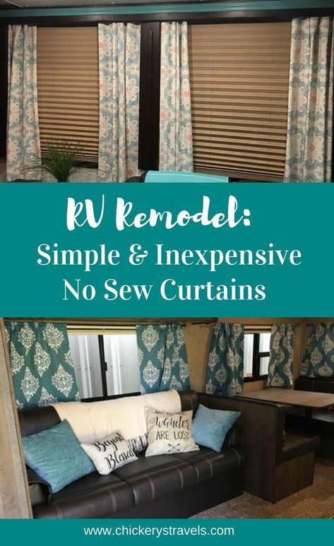 If you want an RV makeover on a budget, an easy and inexpensive way to brighten up and personalize your RV interior is with curtains. These DIY no sew curtains are perfect for your RV remodel. All you need is an iron and heat tape to finish the hem and you can have new curtains for your RV renovation. Watch the entire process to see the before and after effect of new curtains in your camper! #RVmakeover #RVlife Rv Customization, Camper Supplies, Rv Organizing, Remodel Camper, Rv Curtains, Camper Curtains, Sew Curtains, Camper Remodeling, Camper Redo