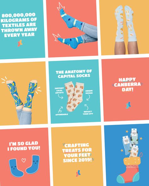 Some fun social media designs for Capital Socks, Canberra 🧦🤩Such a playful and colourful brand to work with - I'm obsessed! Sock Branding, Sock Ads, Playful Social Media Design, Socks Advertising Design, Socks Ads, Branded Socks Design, Socks Design Illustration, Typo Socks, Sock Store