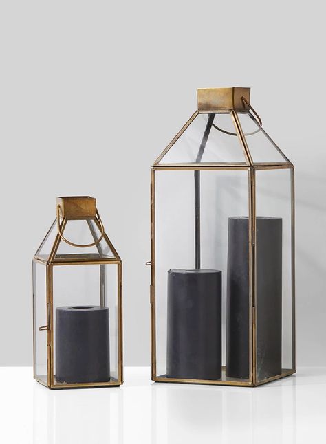 Serene Spaces Living Large Size Square Gold Lantern with Glass Panels, Measures 16 inches Tall, Sold Individually - Walmart.com Lantern Decor Living, Square Lantern, Black Pillar Candles, Modern Lanterns, Gold Lanterns, Lantern Candle Decor, Metal Lanterns, Glass Lantern, Modern Square