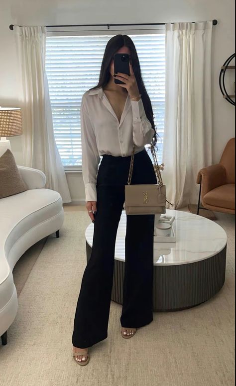 Cute Deca Outfits Business Attire, Black Slacks Women Outfit, Business Casual Outfits Black And White, White Polo And Black Pants Outfit Women, White Top Black Bottom Outfit Formal, Concierge Outfits Women, Lawyer Woman Aesthetic Outfit, Formal College Outfits For Women, Classy Lady Outfits