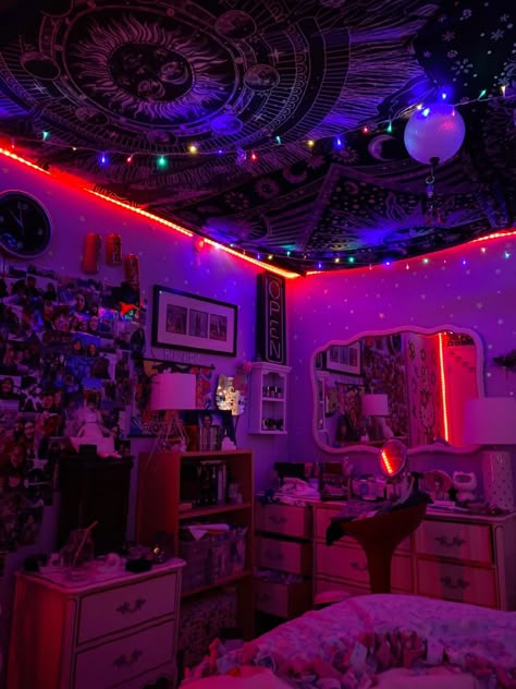 led lights tapestry photo wall chaos core vibe room decor chill hippie Room Chill Aesthetic, Cool Teenage Rooms, Aesthetic Rooms Dark, Trippy Bedroom Decor Room Ideas, Neon Room Design, Big Room Ideas Bedrooms Teens Aesthetic, Dark Led Room Aesthetic, Egirl Room Ideas, Neon Room Aesthetic Ideas