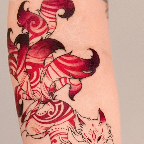 𝗘.𝗻𝗮𝗹 on Instagram: "Nine tailed fox and cherry blossom charm, and a knotted band around the wrist 🦊♥️🌸 Thank you :) @e.nal.tattoo @vismstudio" Nine Tail Fox Tattoo Design, Nine Tail Fox Tattoo, Pokémon Sleeve, 9 Tails Fox Tattoo, 9 Tailed Fox Tattoo, Nine Tailed Fox Tattoo, Nine Tailed Fox Art, Nine Tails Tattoo, Pokemon Sleeves