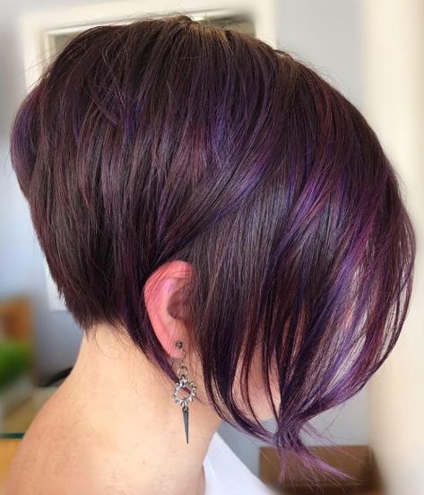 Short Hair with Dark Brown Purple Hair Color Ideas For Brunettes Short Hair, Short Hair With Purple Highlights, Hair Color Trends Short Hair, Purple Hair Color Ideas For Short Hair, Short Purple Hair Pixie, Very Short Hair Color Ideas, Short Violet Hair, Dark Purple Hair Color Ideas, Color For Short Hair