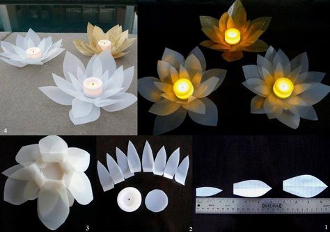 Flower Milk Jug Crafts, Reuse Plastic Bottles, Candle Ornament, Diy Plastic Bottle, Diy Candle Holders, Plastic Bottle Crafts, Light Crafts, Lotus Flowers, Flower Lights