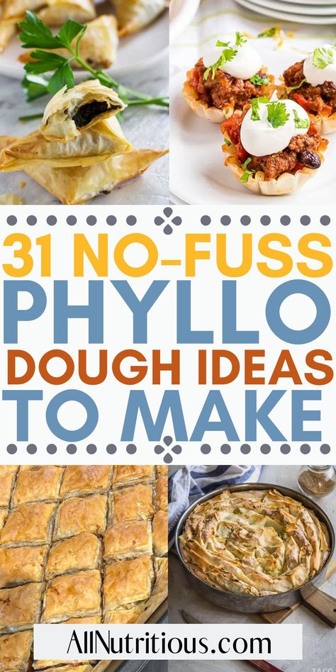 Want to know how to use phyllo pastry? Here are some yummy food ideas for meals to make with phyllo dough. From easy dinner recipes to delicious desserts, this is a versatile ingredient that you can use to pull together so many dishes. Phyllo Dough Appetizers Simple, Meals With Phyllo Dough, Phyllo Dough Hand Pies, Dinner Recipes With Phyllo Dough, Easy Phyllo Desserts, Phyllo Dough Recipes Videos, Appetizer Recipes With Phyllo Dough, Philly Dough Puff Pastries, Stuffed Phyllo Dough