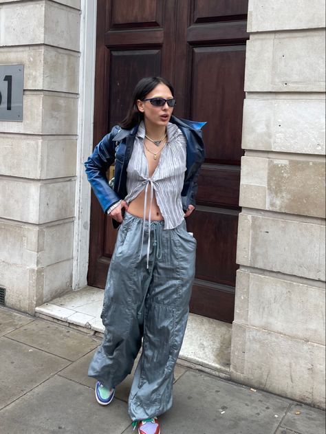 Silver look parachute pants and ombre leather jacket Spring Outfit, Parachute Pants, Fashion Inspiration, Outfit Inspirations, Leather Jacket, Style Inspiration, Pants, Leather, Silver