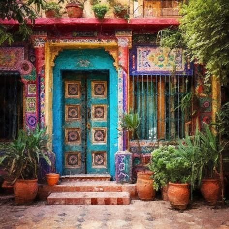 size: 12x12in Art Print: Mexican Door 3 by RileyB : Colorful Mexican House, Mexican Hacienda Decor, Wild Backyard, Garden Gate Ideas, Mexican Haciendas, Mexican Doors, Hacienda Decor, Talavera Pattern, Mexican Wall Decor