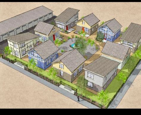 PARKING / Tiny community layout idea Family Compound Ideas Layout, Small House Communities, Co Housing Community, Compound House, Multigenerational House Plans, Multigenerational House, Cluster House, Tiny House Village, Co Housing