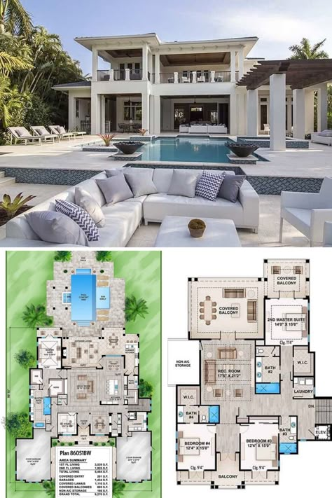 The luxurious house features a stylish outdoor living space set on the side of the swimming pool area. Find it in this 2 story southern Florida house plan with 4 bedrooms and 4.5+ bathrooms. See more of the modern and classy interior design of this tropical style home. View the full floor plan and get the blueprint at: https://www.architecturaldesigns.com/house-plans/spacious-tropical-house-plan-86051bw?cjevent=e24557a7830a11ea827804350a180511  #blueprint #floorplan #2story Florida House Plans, Private Resort, Modern House Floor Plans, Pool House Plans, Mansion Floor Plan, House Plans Mansion, Modern Style House Plans, Villa Plan, Model House Plan