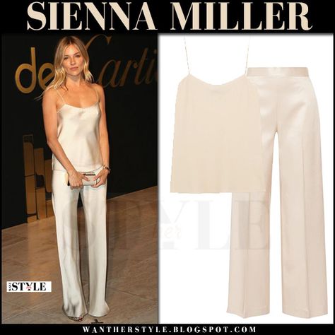 Sienna Miller in biege silk camisole and silk pants the row Silk Pants And Top Set, Sienna Miller Evening Style, Silk Trousers Outfit Classy, Silk Camisole Outfit Classy, Silk Pants Outfit Summer, White Silk Pants Outfit, White Satin Pants Outfit, Silk Pants Outfit Classy, Silk White Skirt